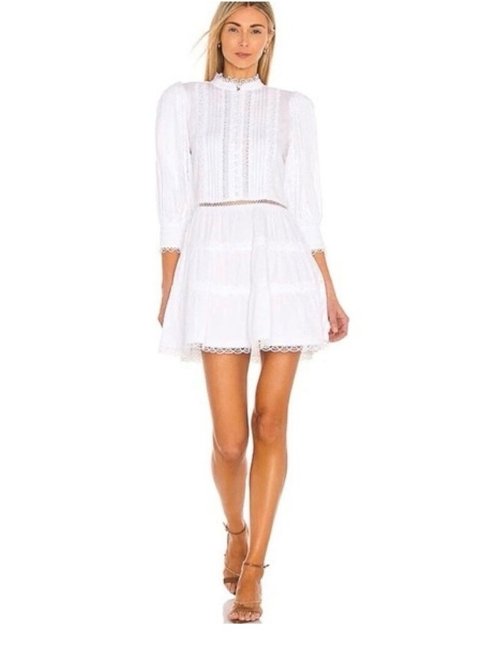 Alice and Olivia Clark Mandarin‎ Collar Gathered Tier Dress in Off White.